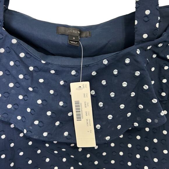 J. Crew Navy & White Polka Dot Ruffle Off The Shoulder Blouse Women’s Size 2 - Picture 3 of 5